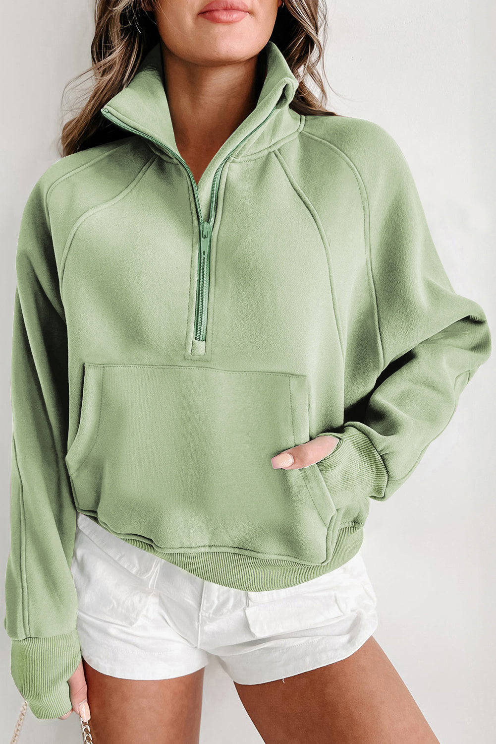 Black Fleece Lined Zip Up Stand Collar Thumbhole Sleeve Sweatshirt