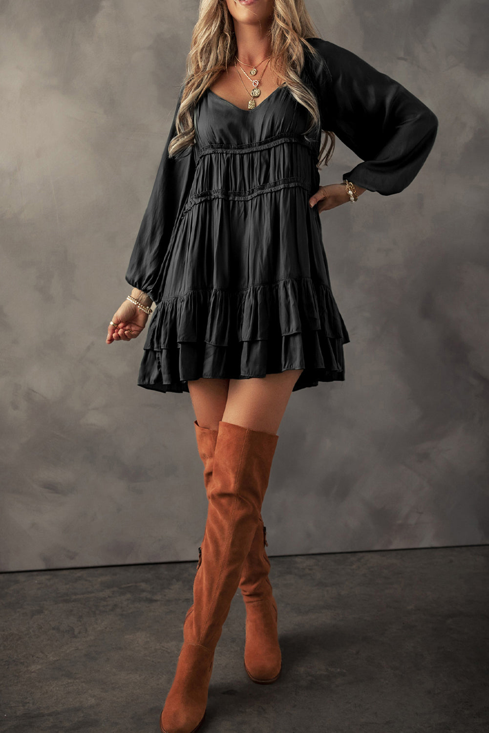 Apricot Tiered Ruffled Puff Sleeve Loose Fit Mini Dress