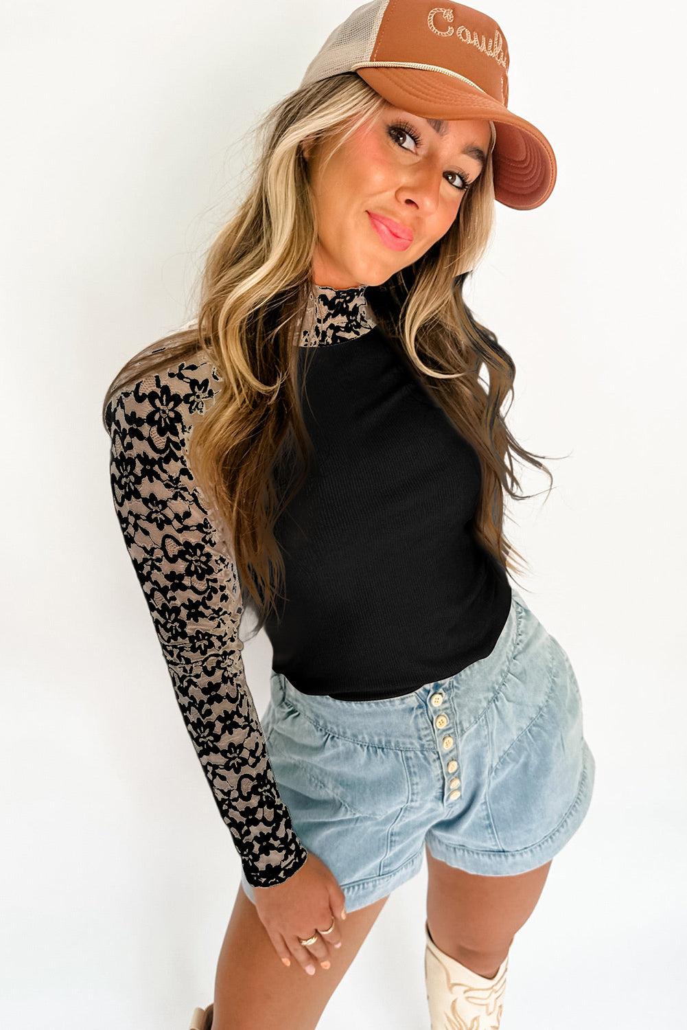 Smoke Gray Floral Lace Patchwork Long Sleeve High Neck Slim Top