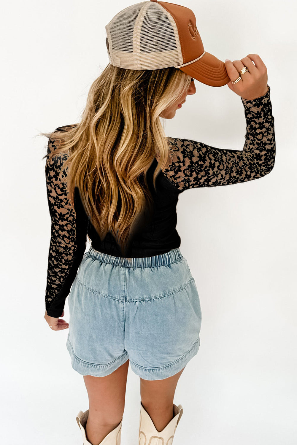 Smoke Gray Floral Lace Patchwork Long Sleeve High Neck Slim Top