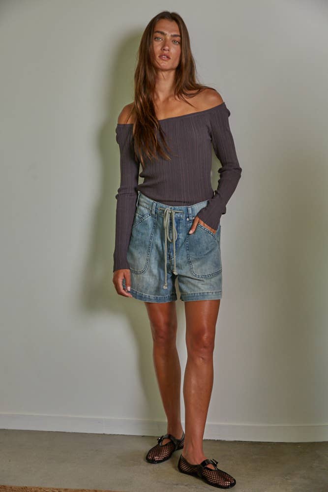 Knit Sweater Ribbed Off The Shoulder Long Sleeve Top