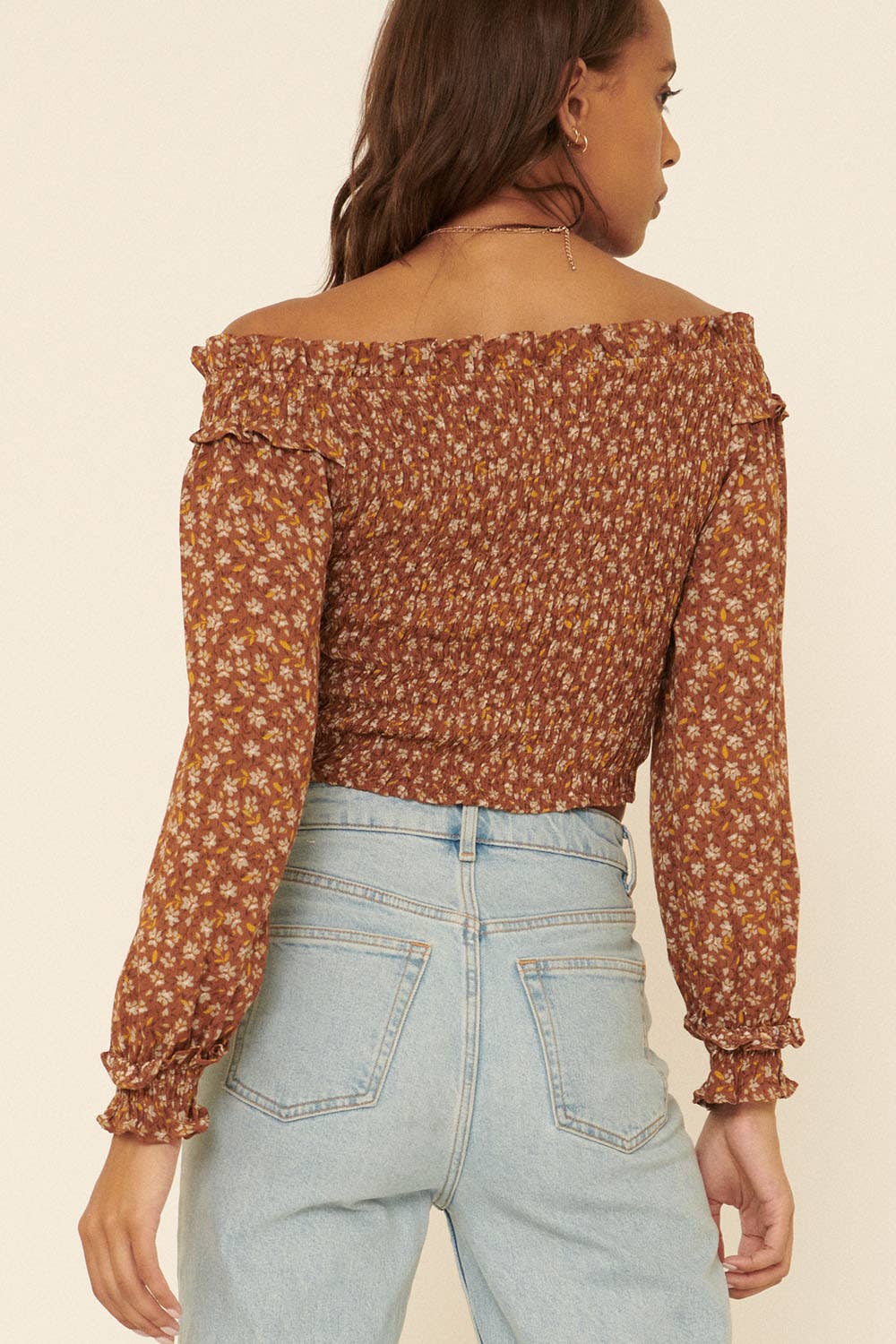 Floral-Print Off The Shoulder Smocked Blouse