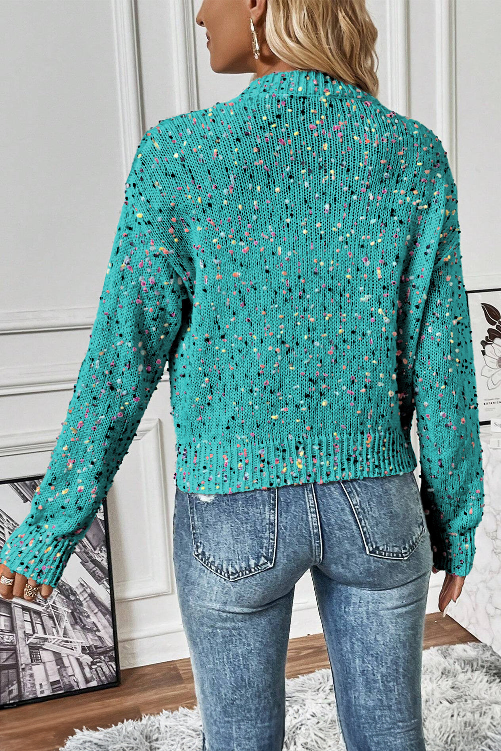 White Rhinestone Decor Multicolor Confetti Sweater Cardigan