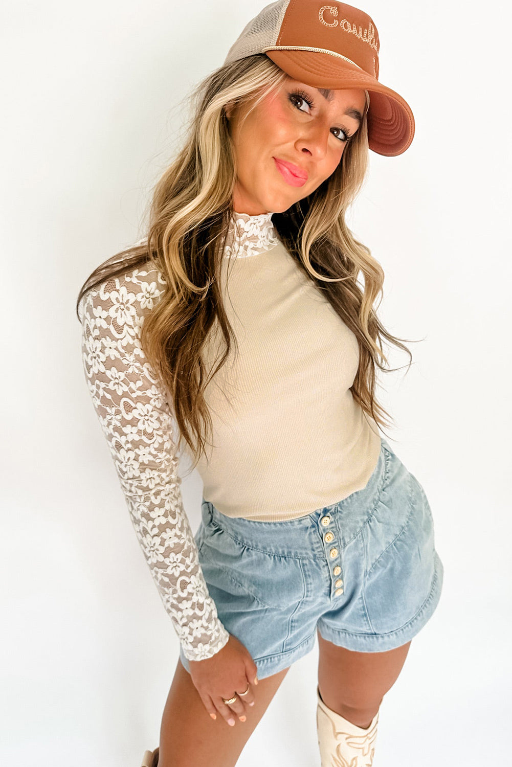 Smoke Gray Floral Lace Patchwork Long Sleeve High Neck Slim Top