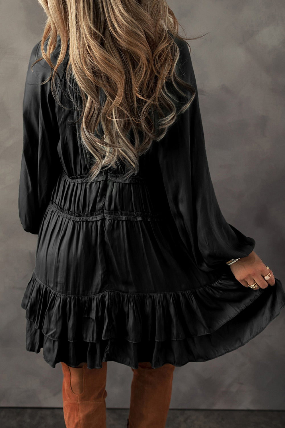 Apricot Tiered Ruffled Puff Sleeve Loose Fit Mini Dress