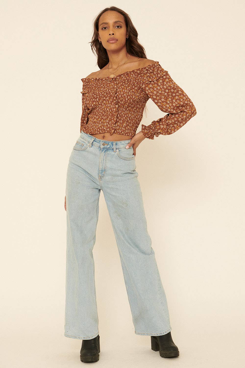 Floral-Print Off The Shoulder Smocked Blouse