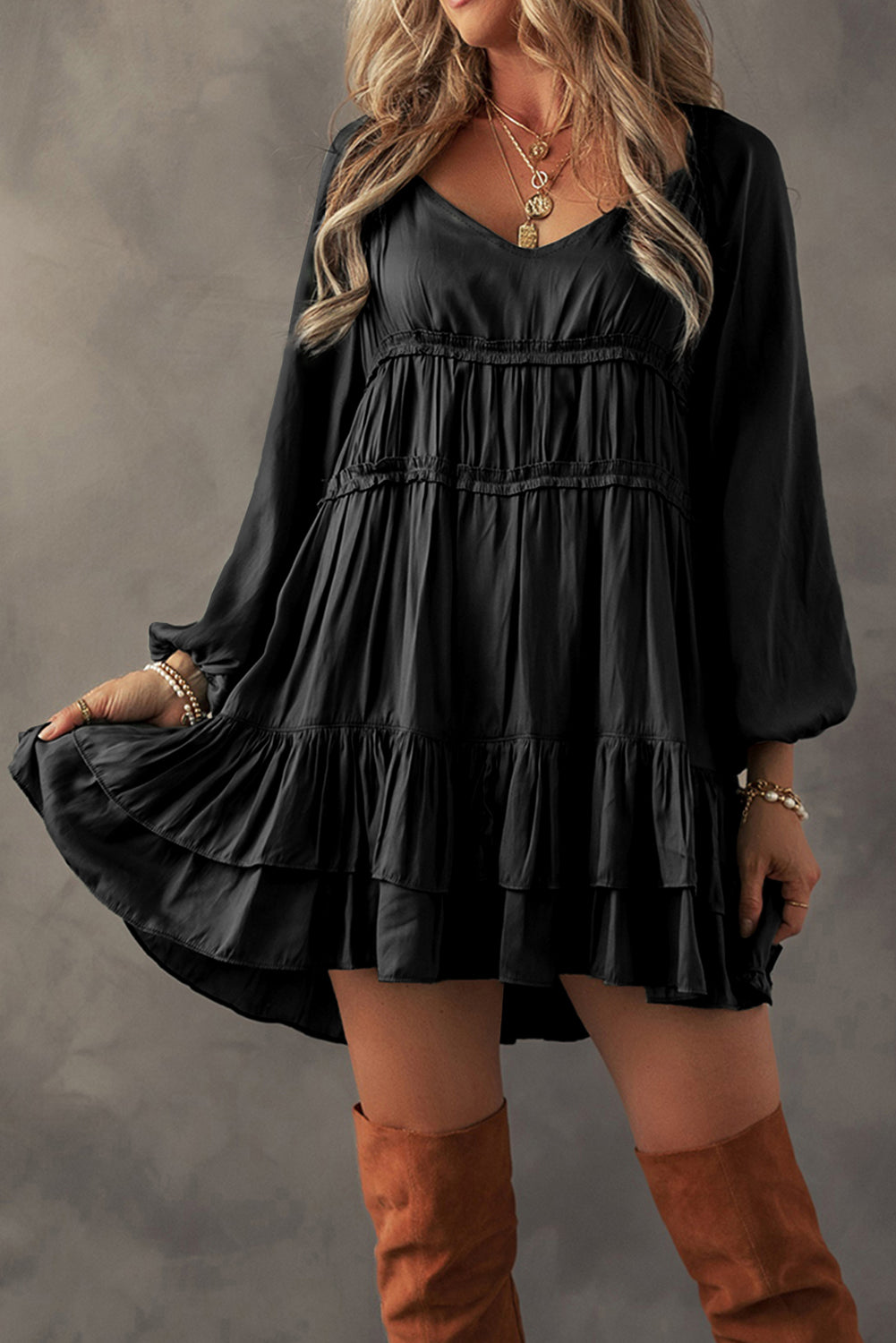 Apricot Tiered Ruffled Puff Sleeve Loose Fit Mini Dress