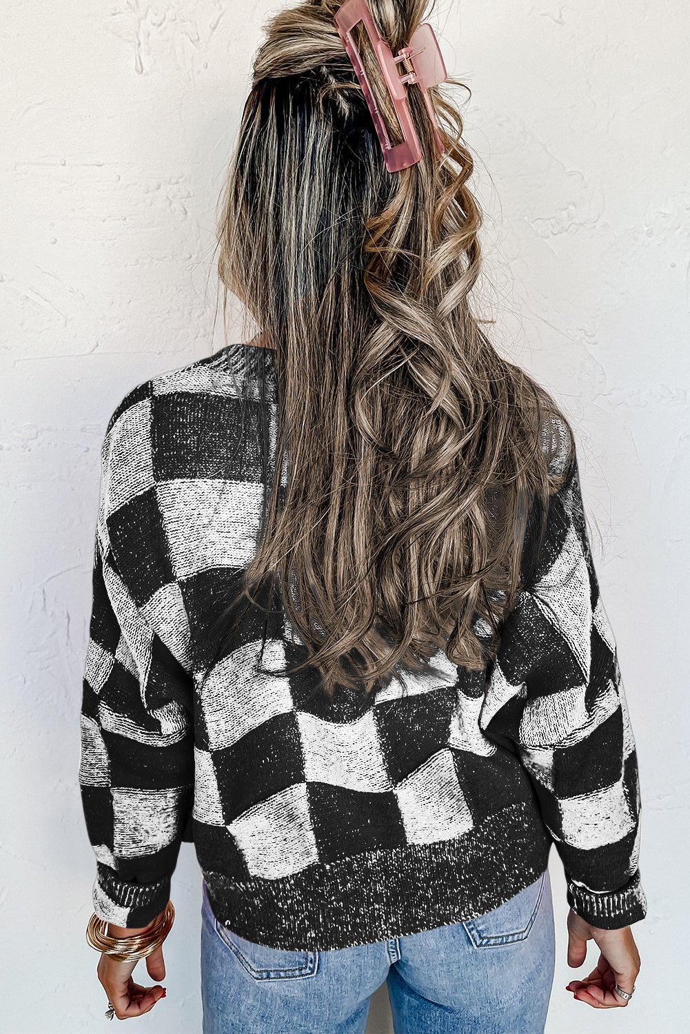 Orange Checkered Drop Shoulder Buttoned V Neck Cardigan