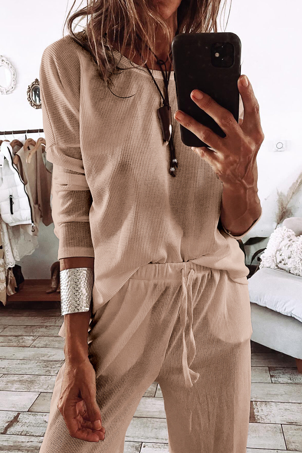 White Textured Long Sleeve T Shirt and Pants Lounge Set