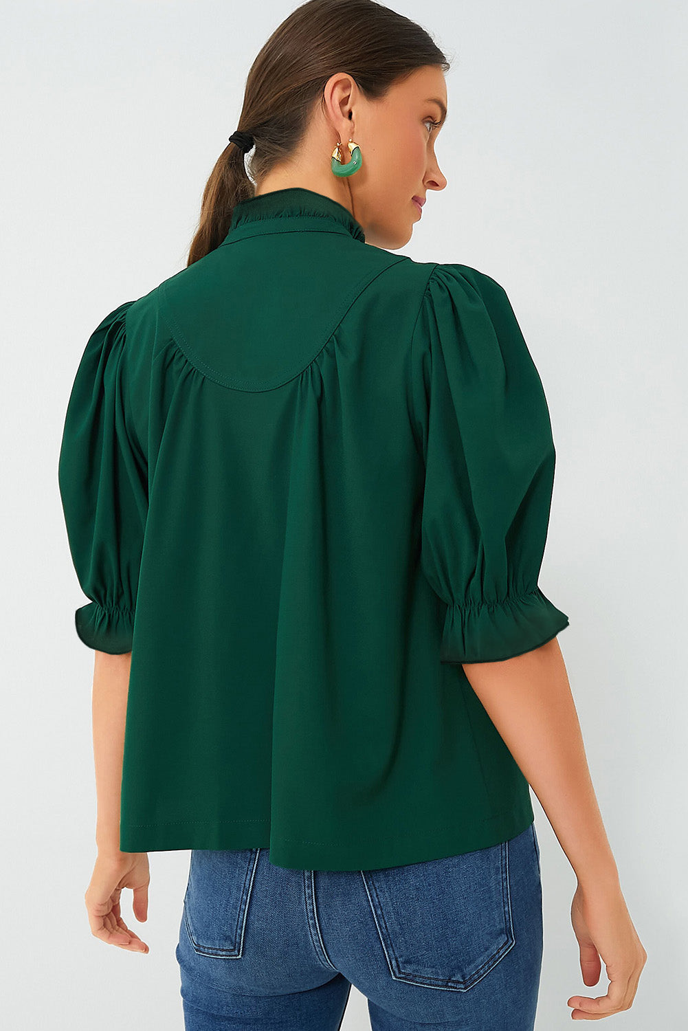 Green Stripe Plaid Puff Sleeve Frilled Trim Elegant Blouse