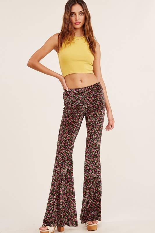 High-Waisted Mini Floral Print Flared Pants