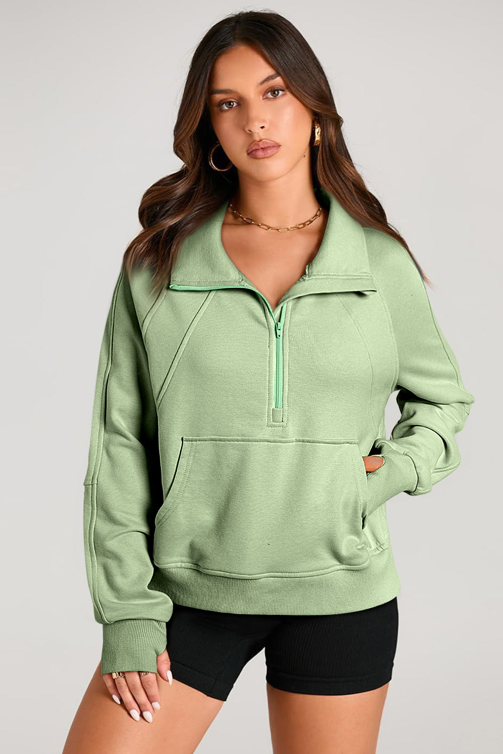 Light Grey Quarter Zip Stand Neck Kangaroo Pocket Sweatshirt