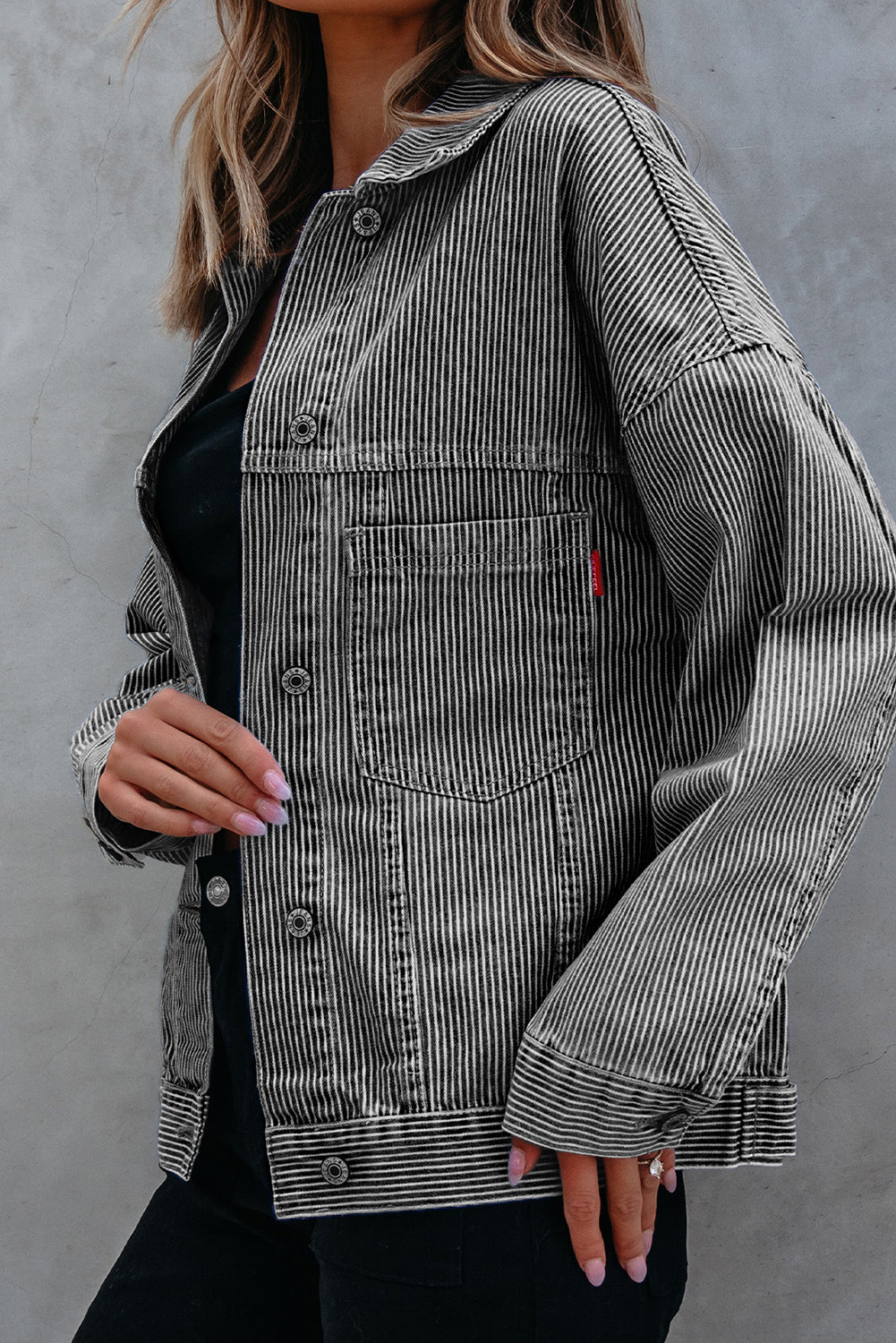 Sky Blue Stripe Washed Oversize Pocketed Denim Jacket
