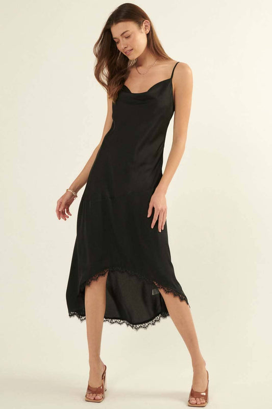 Lace-Trimmed High-Low Draped Crepe Satin Dress