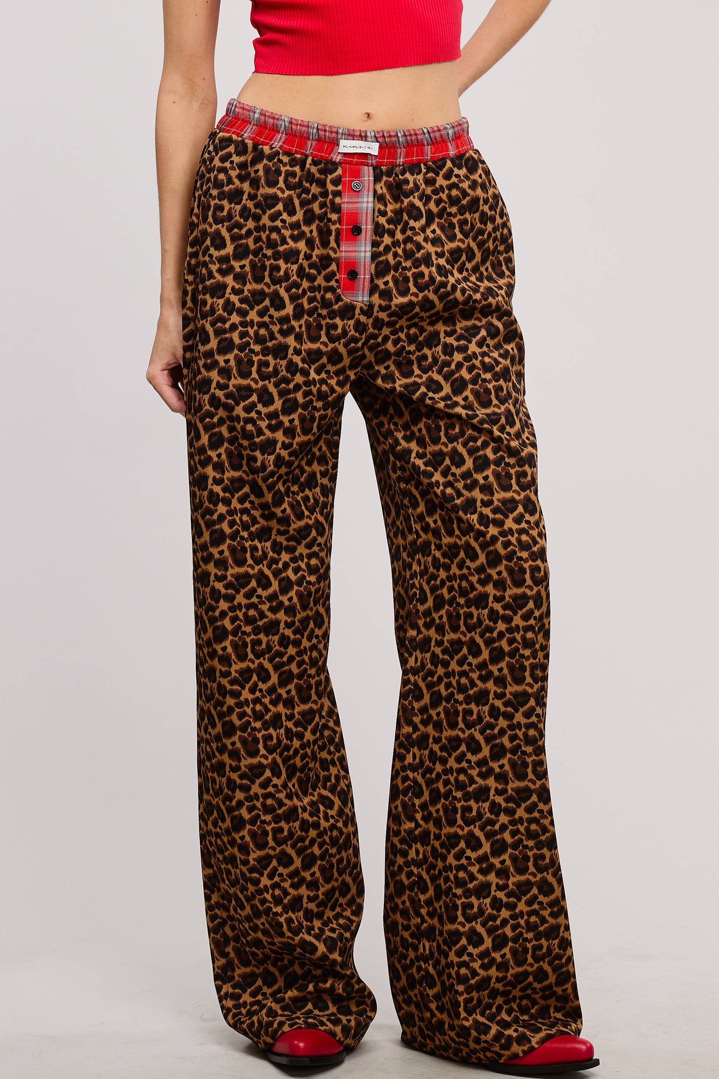 Plaid Flannel Contrast Waistband Leopard Print Pants