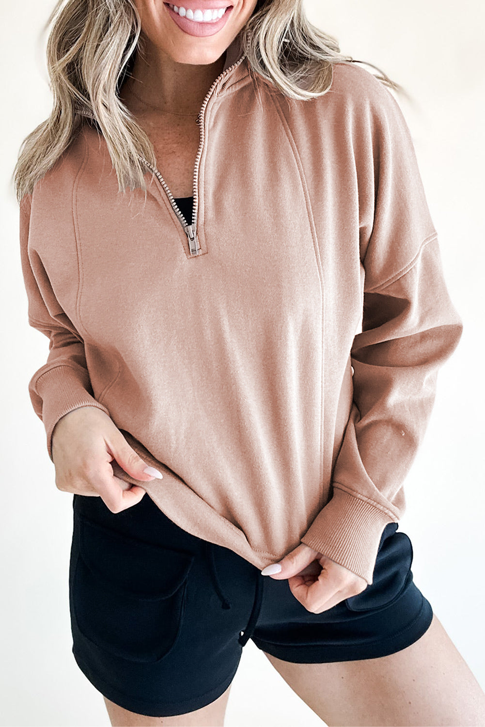 White Zipped Neck Pullover Drop Shoulder Sweatshirt