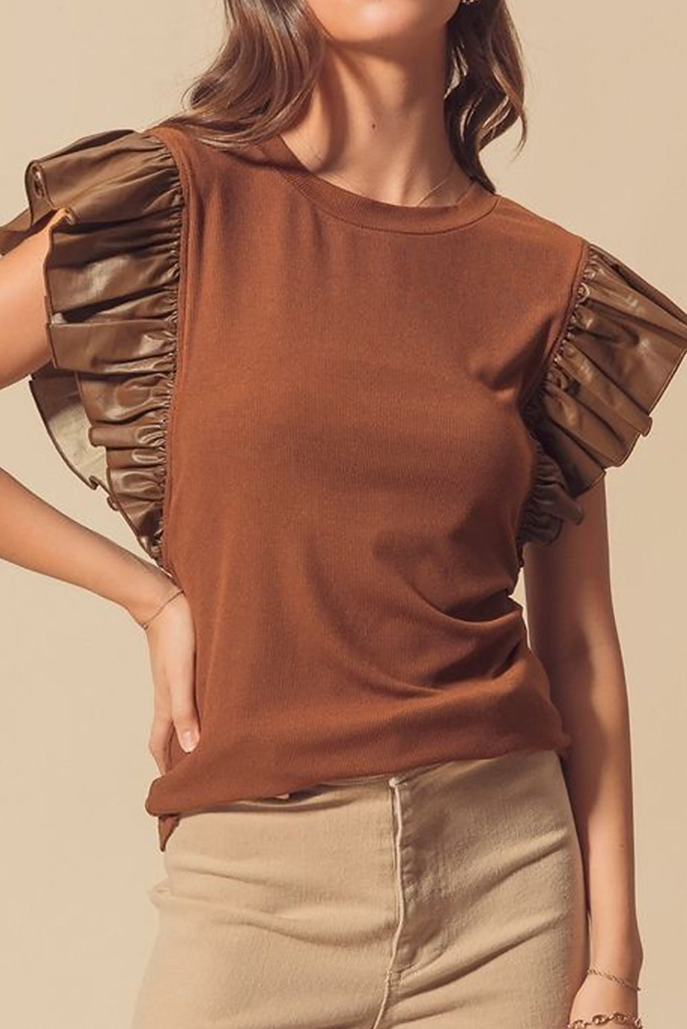 Black Leather Ruffle Sleeve Patchwork Round Neck Blouse