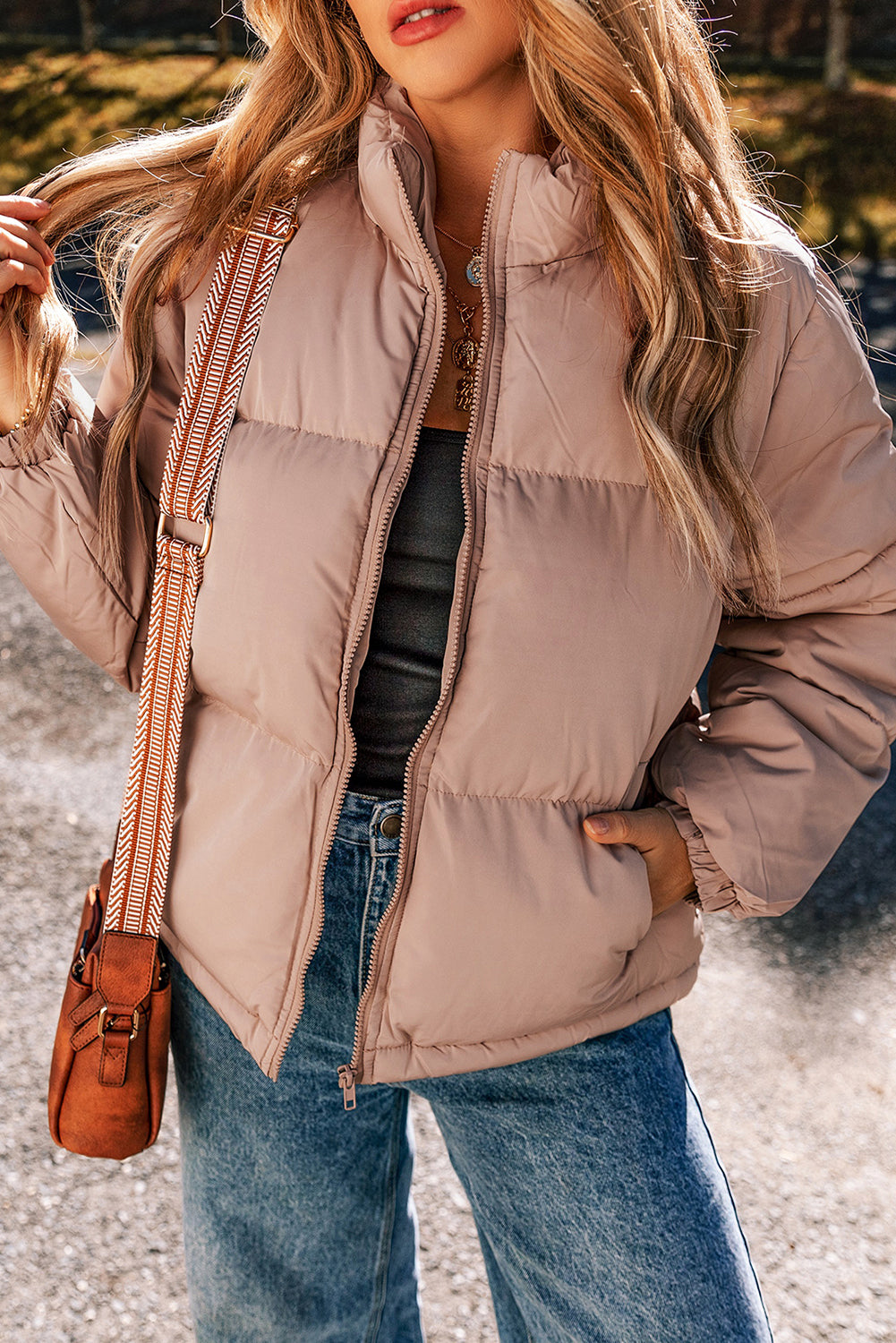 Apricot Pink Full Zipper Quilted Puffer Jacket