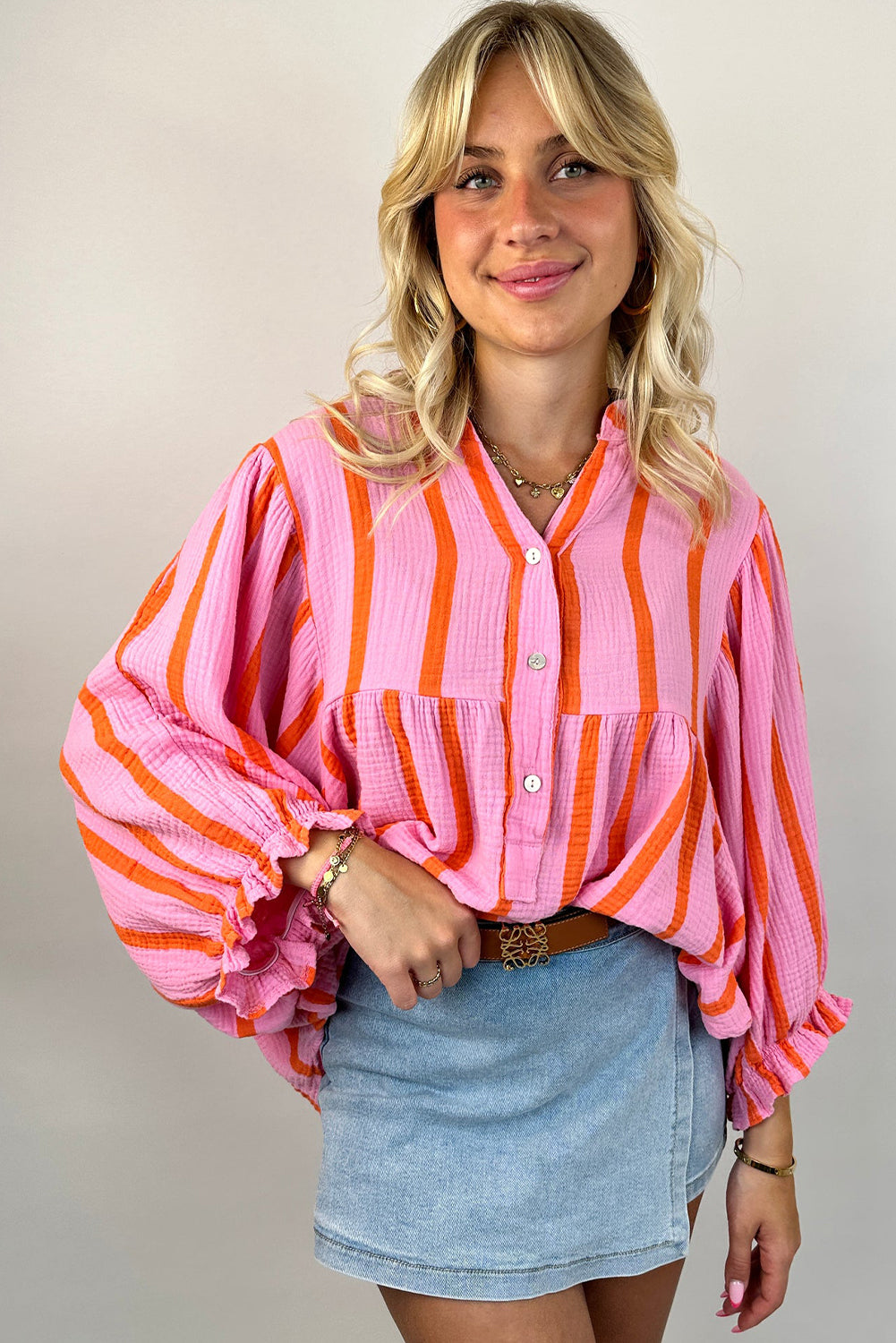 Sky Blue Stripe Crinckled Ruffled Sleeve Button up Loose Shirt