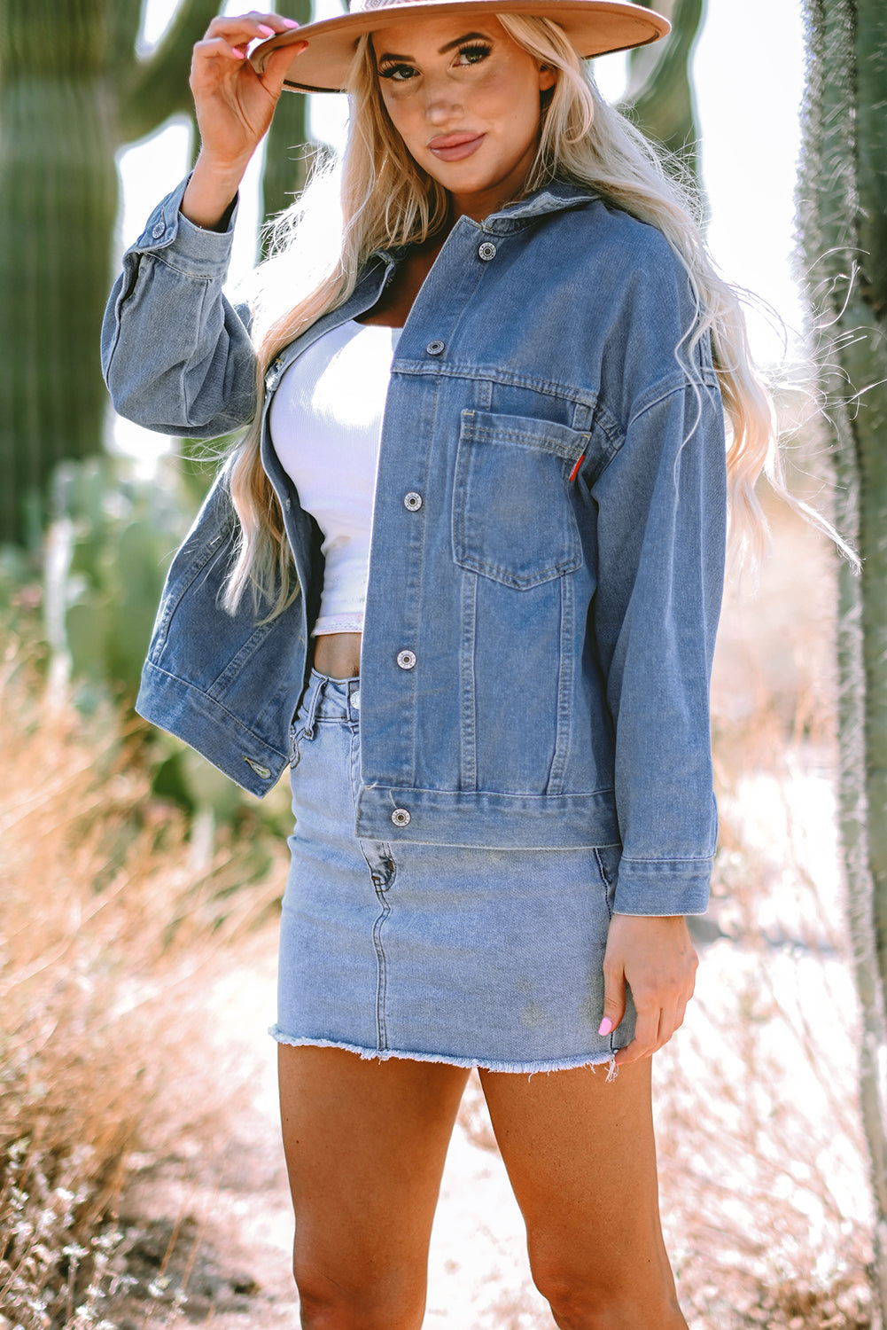 Sky Blue Stripe Washed Oversize Pocketed Denim Jacket