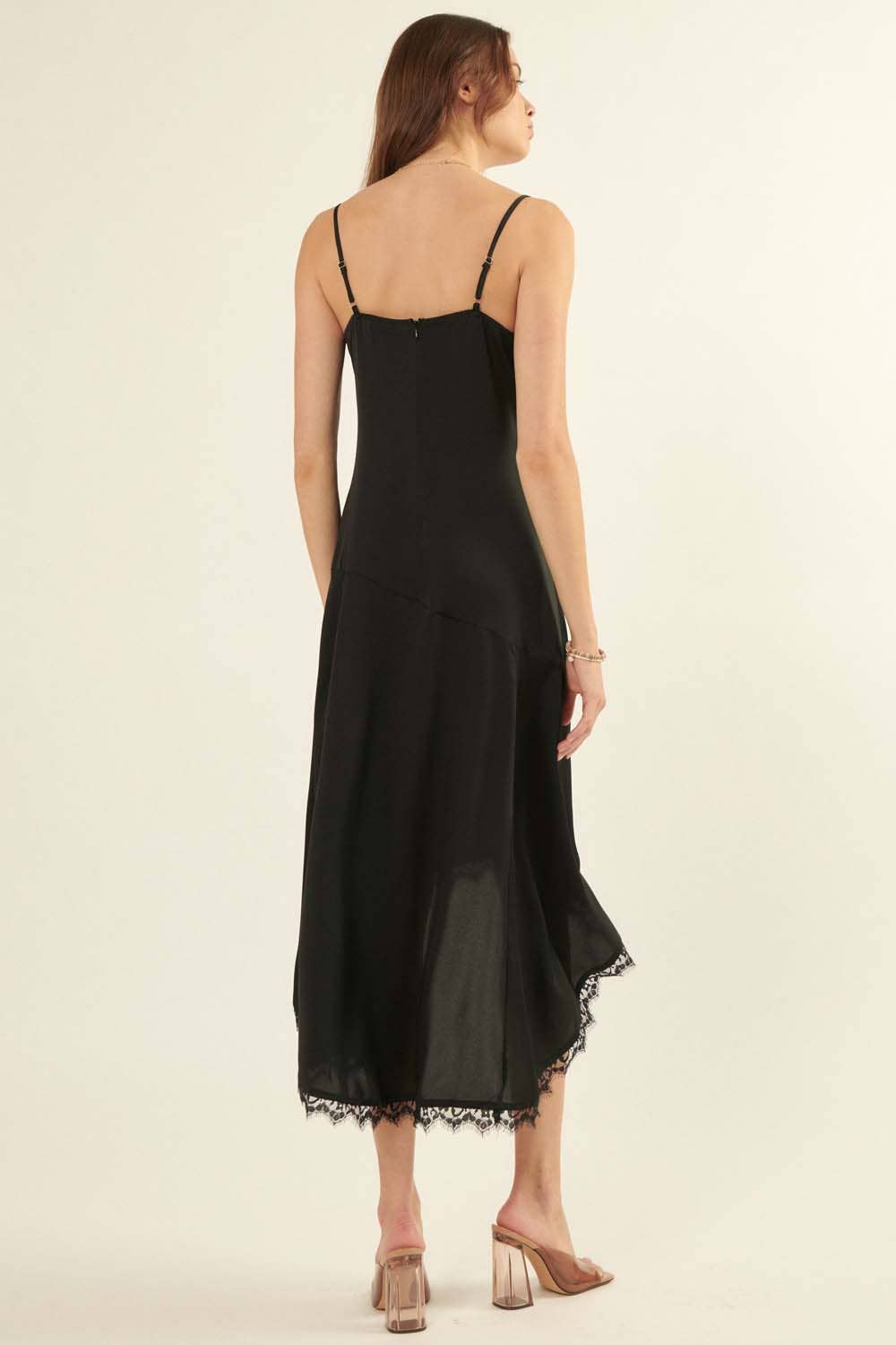 Lace-Trimmed High-Low Draped Crepe Satin Dress