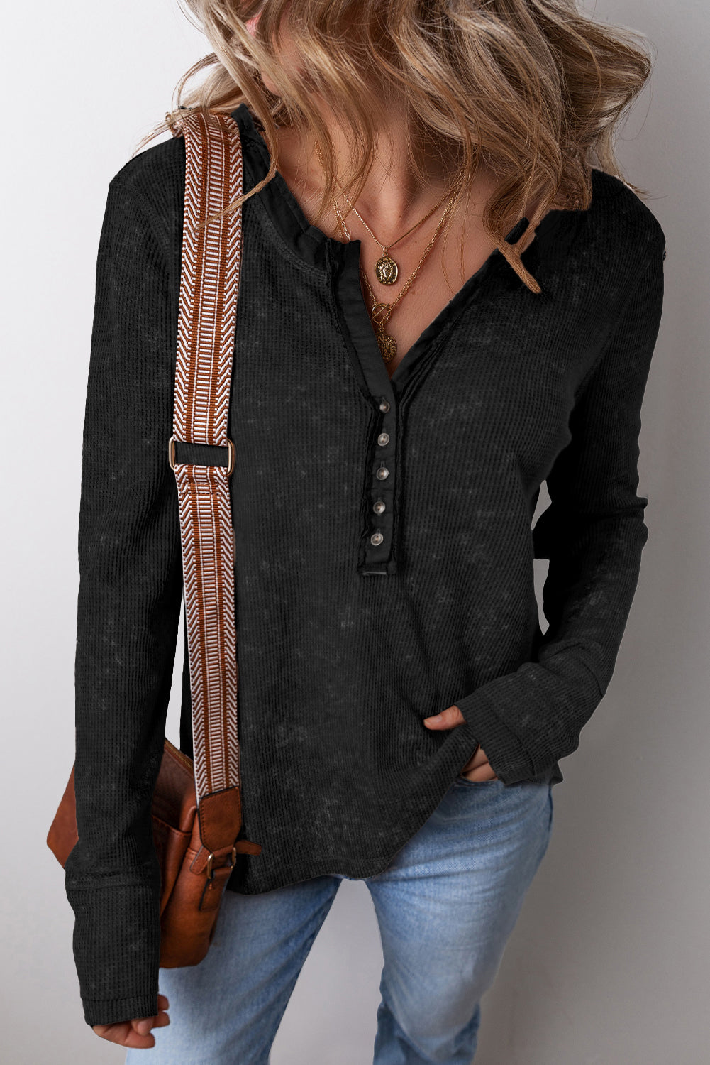 Coffee Acid Wash Waffle Knit Buttoned Neckline Long Sleeve Top