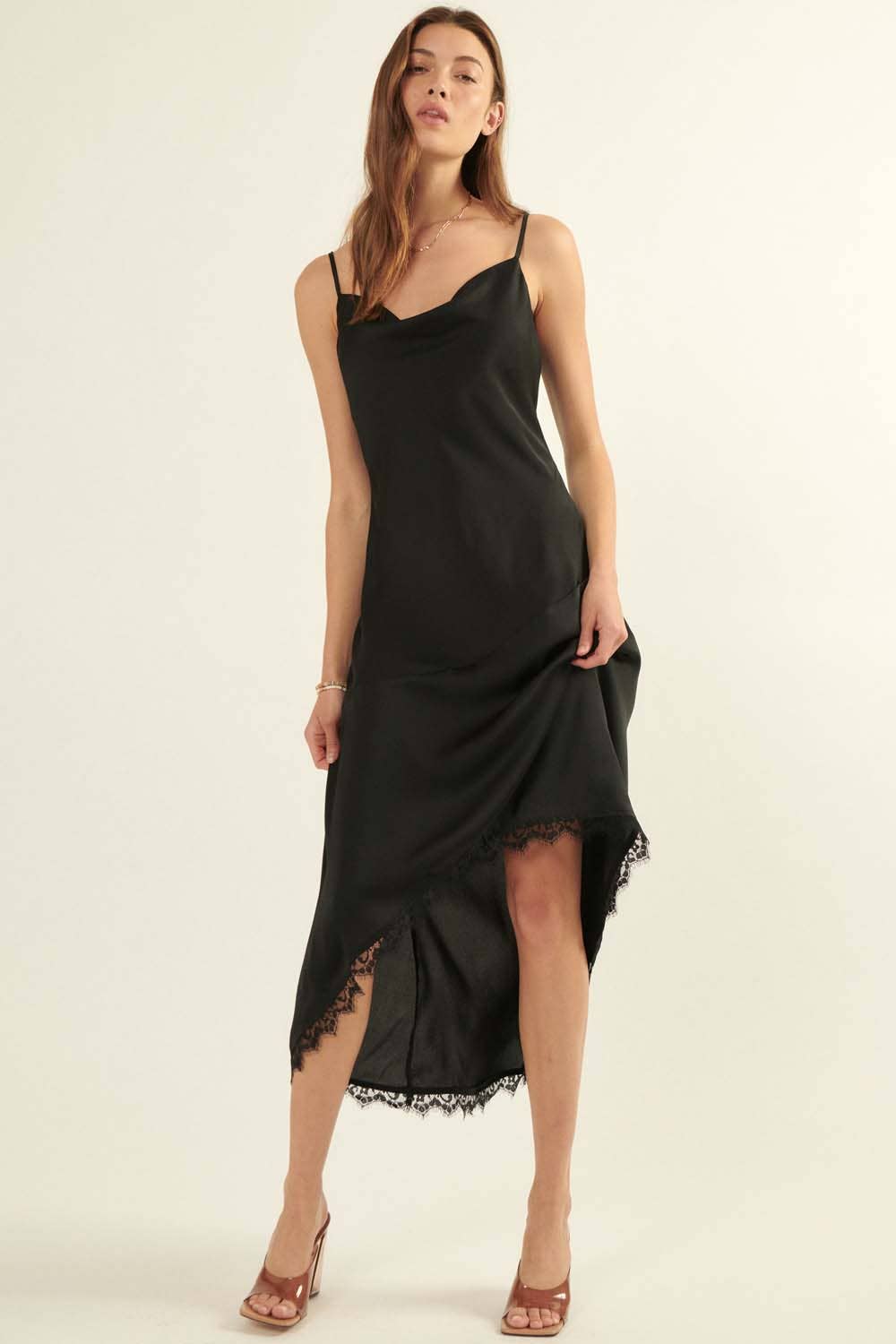 Lace-Trimmed High-Low Draped Crepe Satin Dress