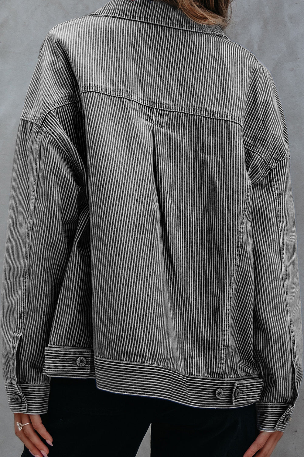 Sky Blue Stripe Washed Oversize Pocketed Denim Jacket