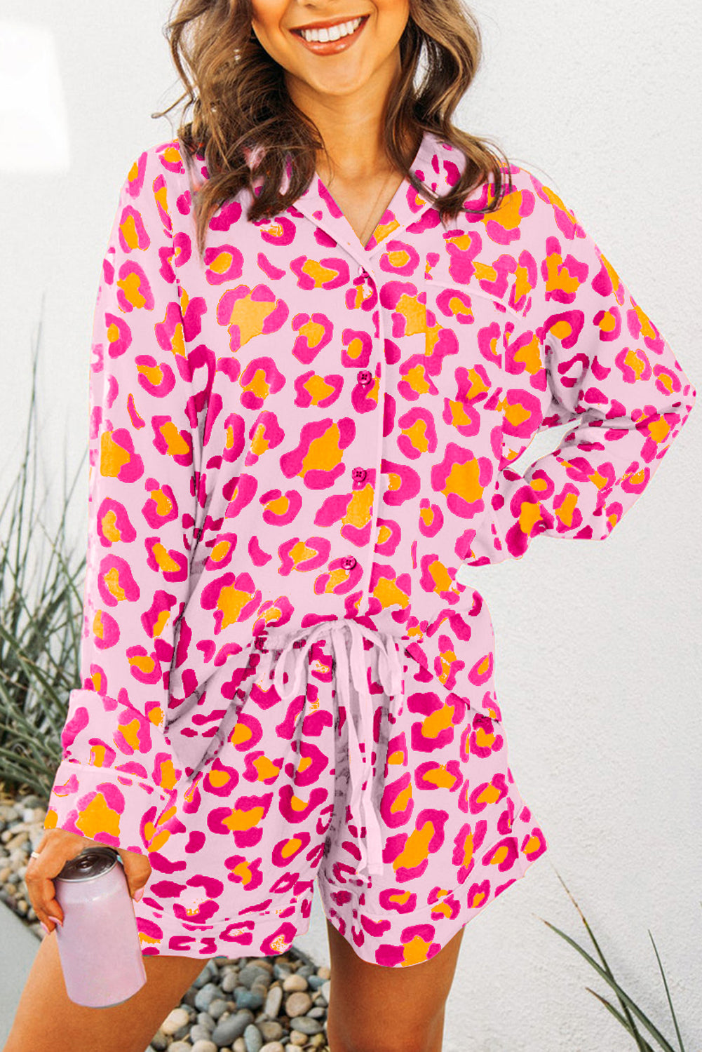 Orange Leopard Print Long Sleeve Shirt and Shorts Pajama Set