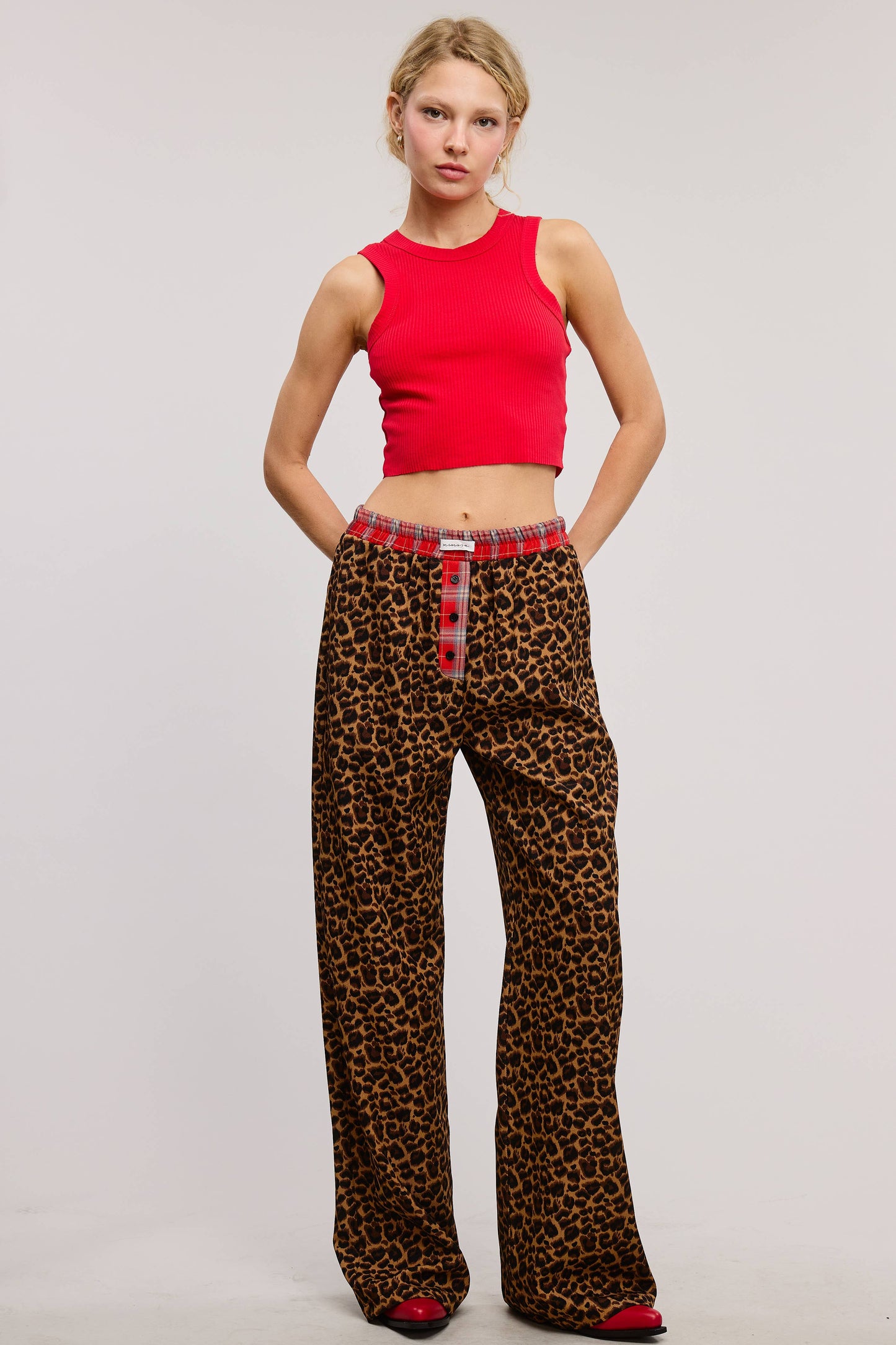 Plaid Flannel Contrast Waistband Leopard Print Pants