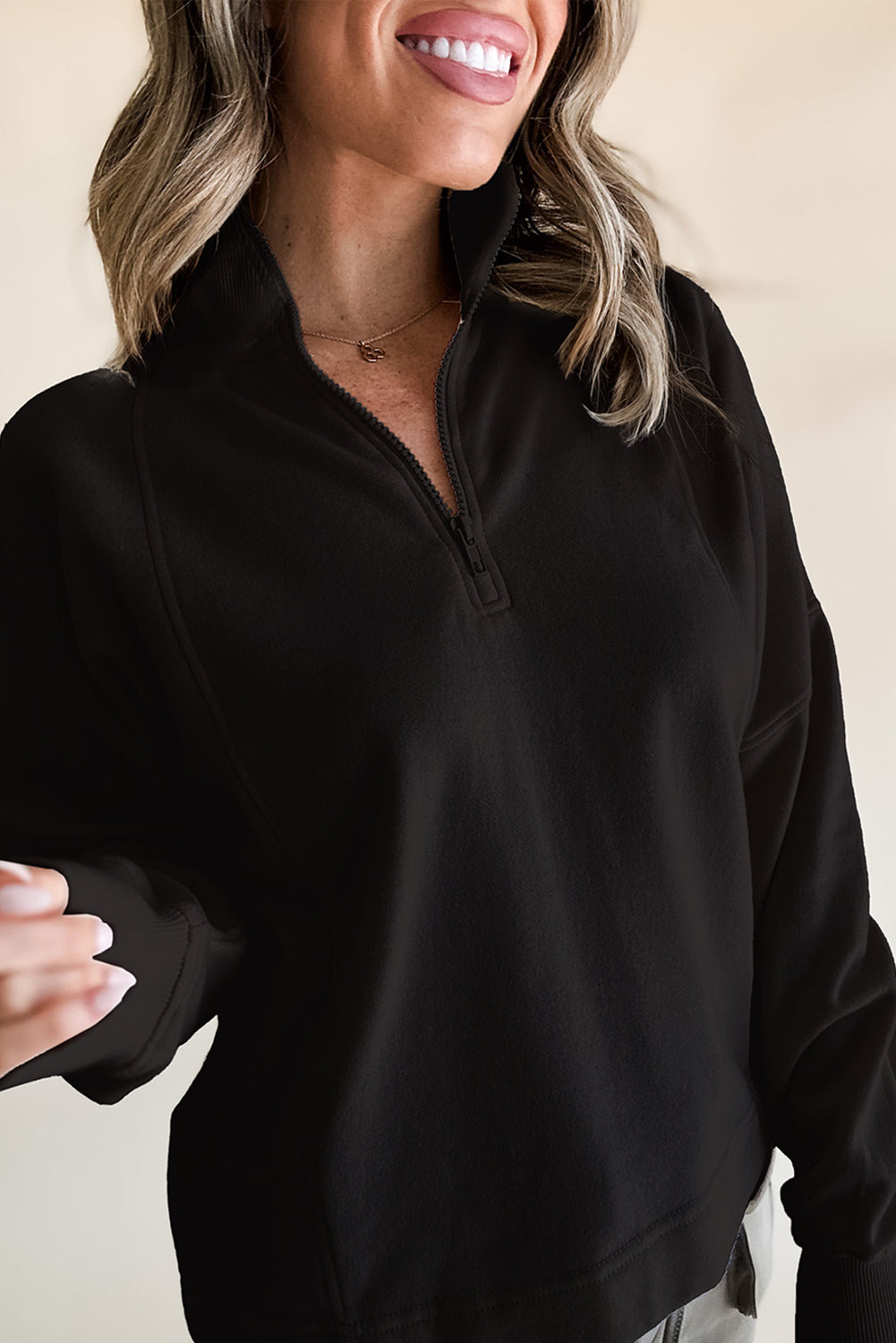 White Zipped Neck Pullover Drop Shoulder Sweatshirt