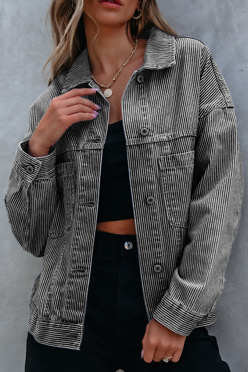Sky Blue Stripe Washed Oversize Pocketed Denim Jacket