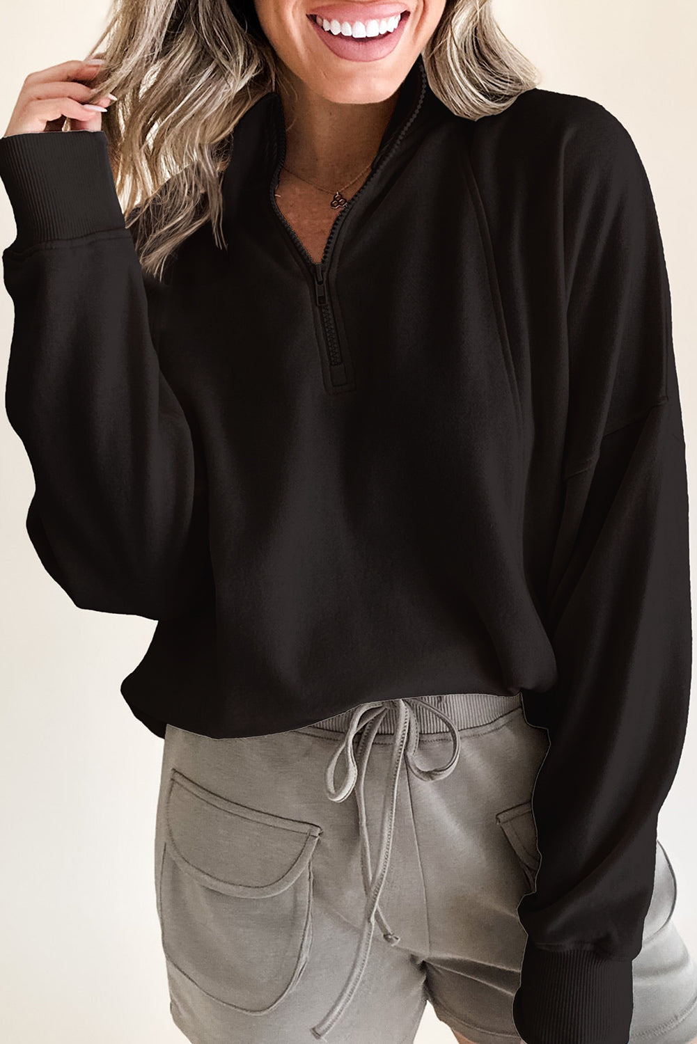 White Zipped Neck Pullover Drop Shoulder Sweatshirt