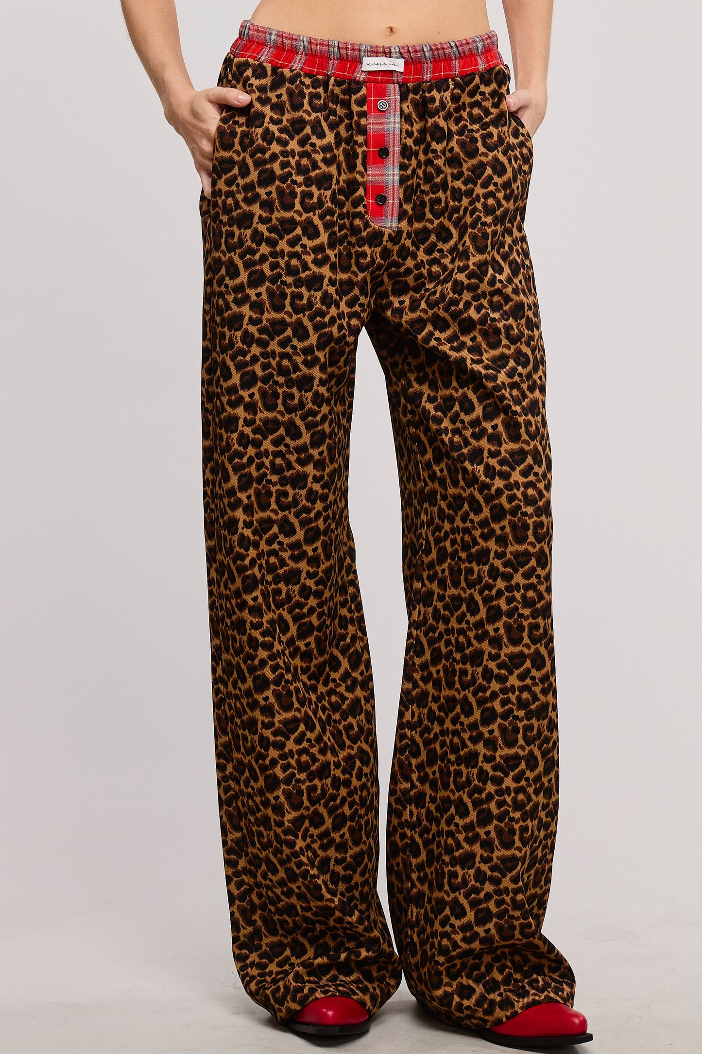 Plaid Flannel Contrast Waistband Leopard Print Pants