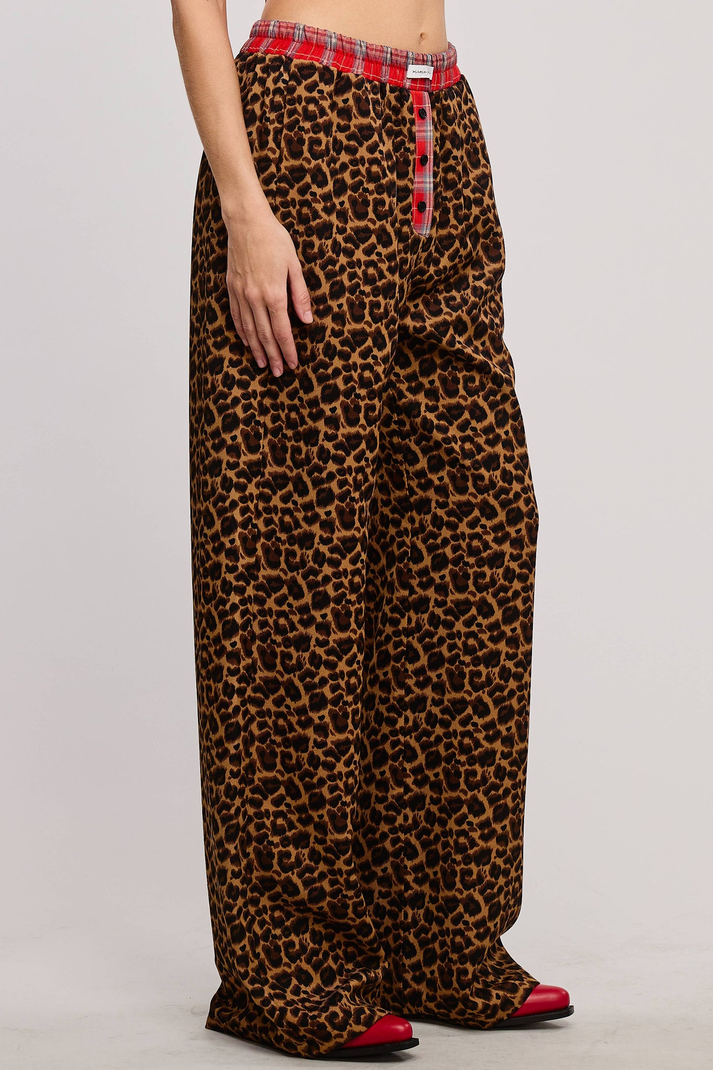 Plaid Flannel Contrast Waistband Leopard Print Pants