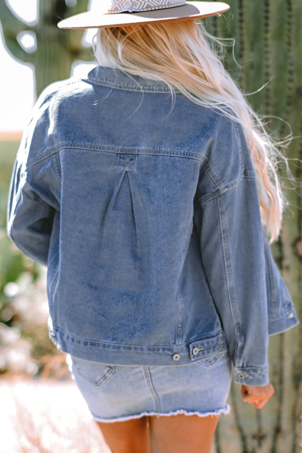 Sky Blue Stripe Washed Oversize Pocketed Denim Jacket