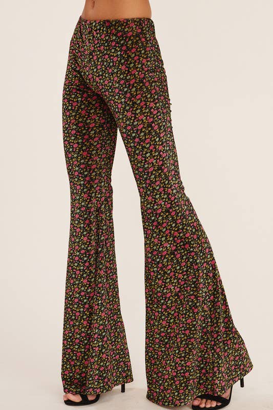 High-Waisted Mini Floral Print Flared Pants