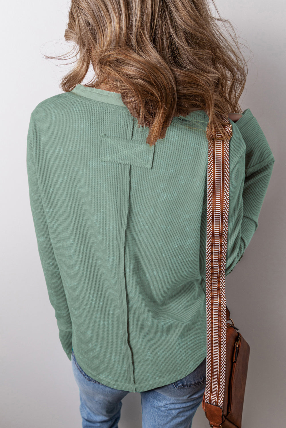 Coffee Acid Wash Waffle Knit Buttoned Neckline Long Sleeve Top