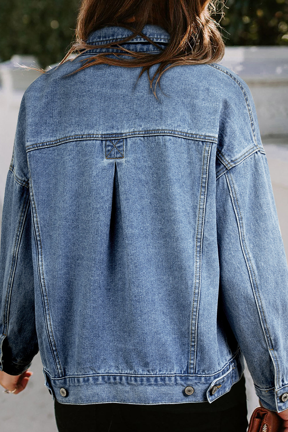 Sky Blue Stripe Washed Oversize Pocketed Denim Jacket