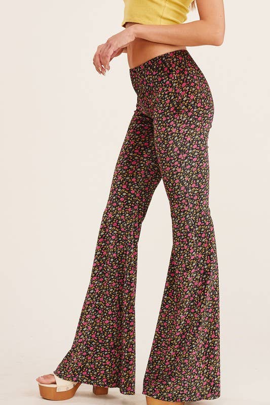 High-Waisted Mini Floral Print Flared Pants