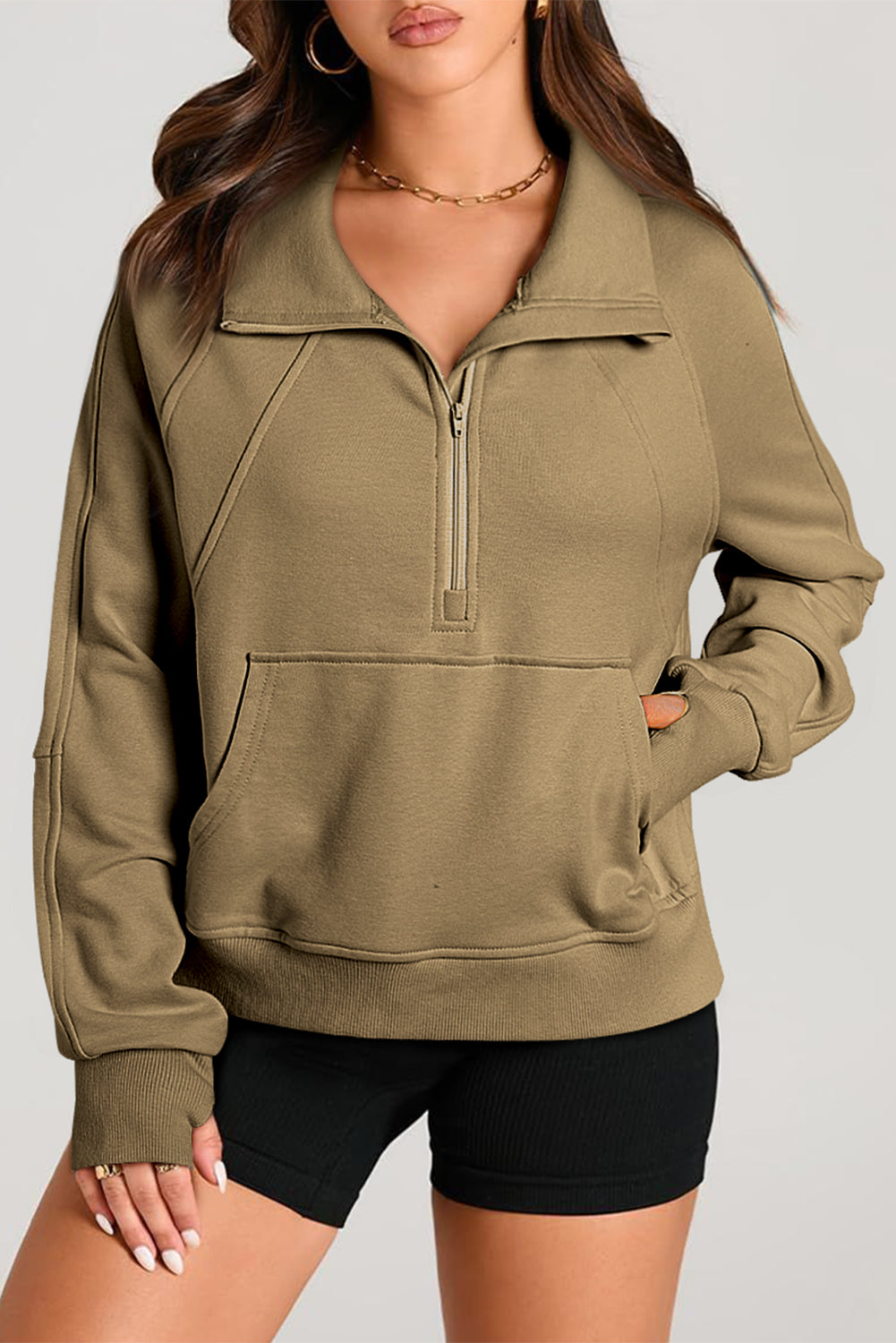 Light Grey Quarter Zip Stand Neck Kangaroo Pocket Sweatshirt