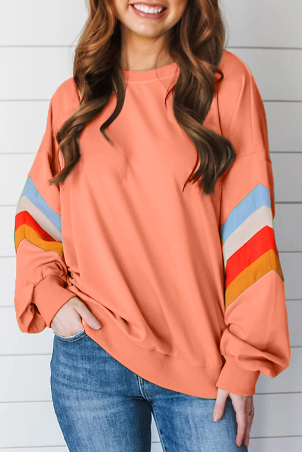 Moonlight Jade Rainbow Striped Sleeve Crew Neck Loose Sweatshirt