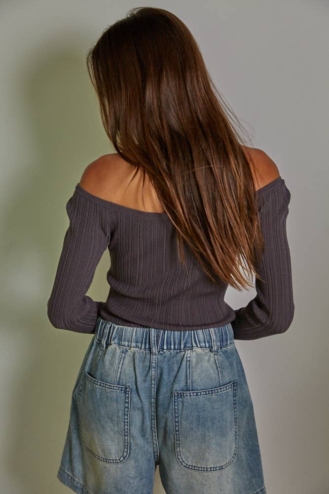 Knit Sweater Ribbed Off The Shoulder Long Sleeve Top