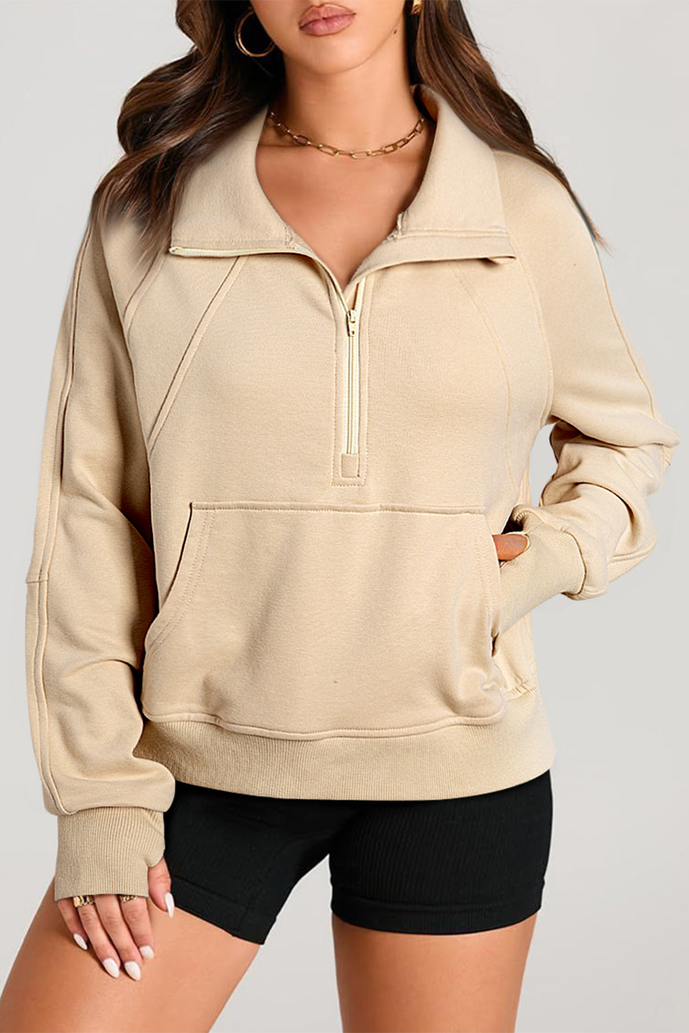 Light Grey Quarter Zip Stand Neck Kangaroo Pocket Sweatshirt