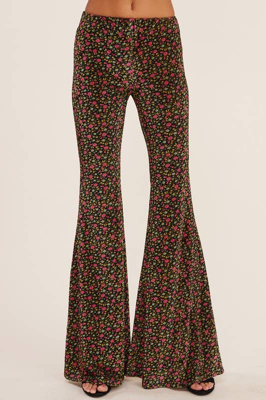 High-Waisted Mini Floral Print Flared Pants