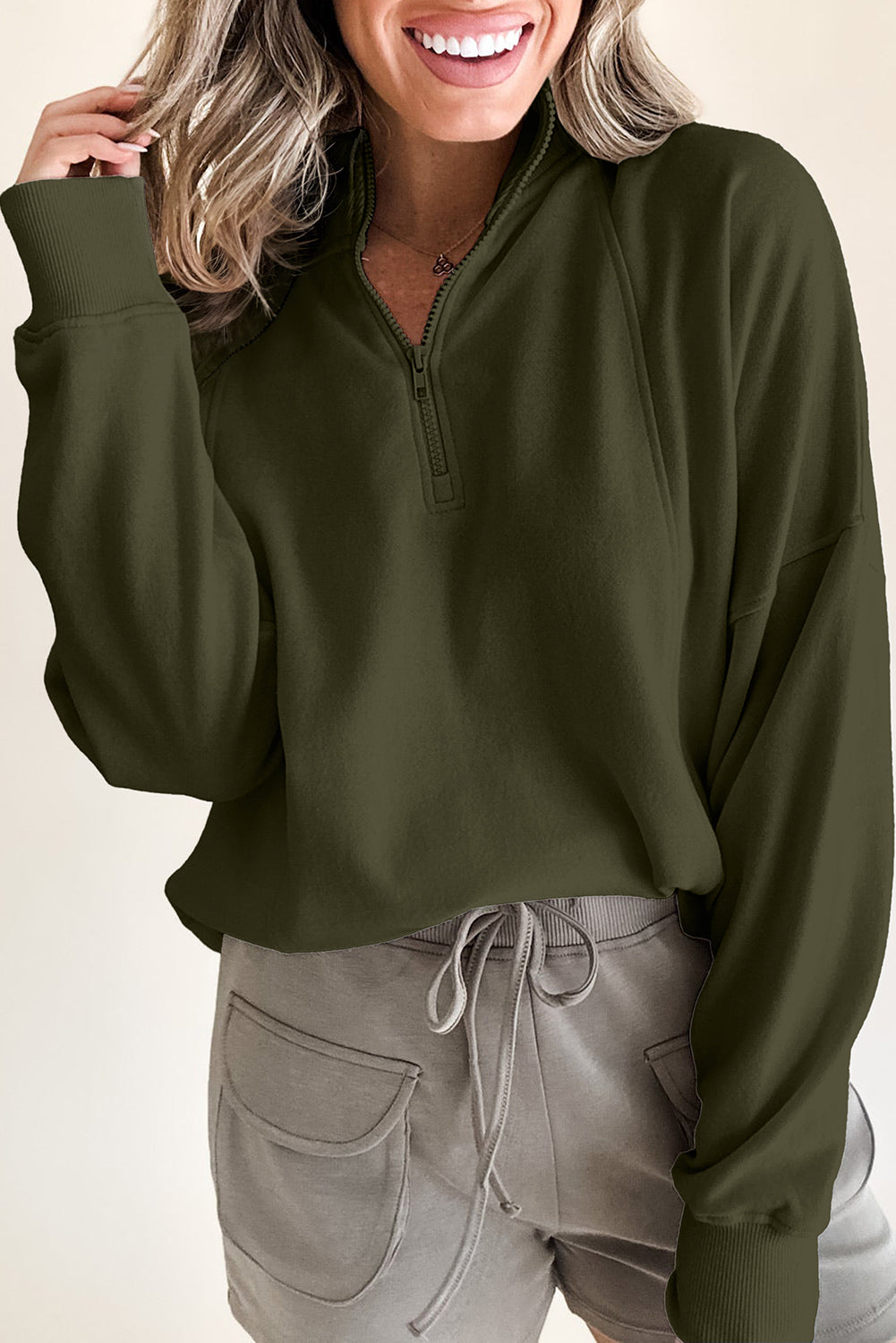 White Zipped Neck Pullover Drop Shoulder Sweatshirt