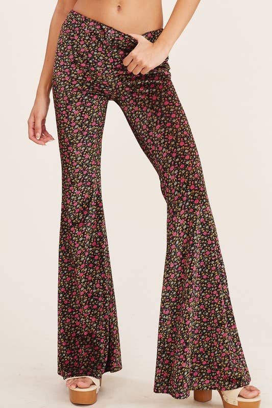 High-Waisted Mini Floral Print Flared Pants