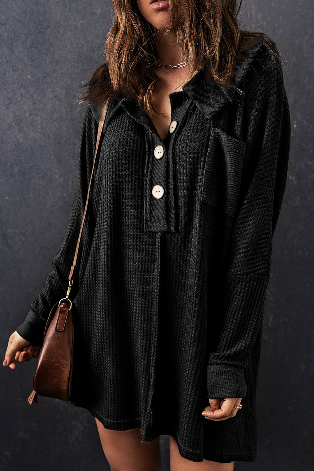 Brown Waffle Knit Buttoned Long Sleeve Top