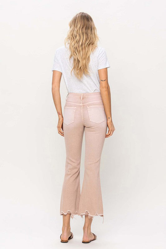 High Rise Distressed Hem Crop Flare Jeans