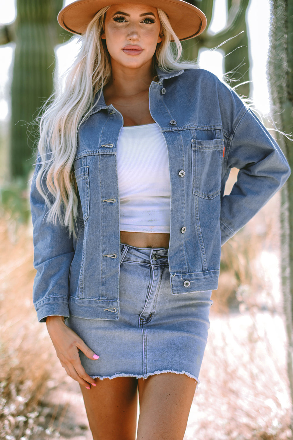 Sky Blue Stripe Washed Oversize Pocketed Denim Jacket